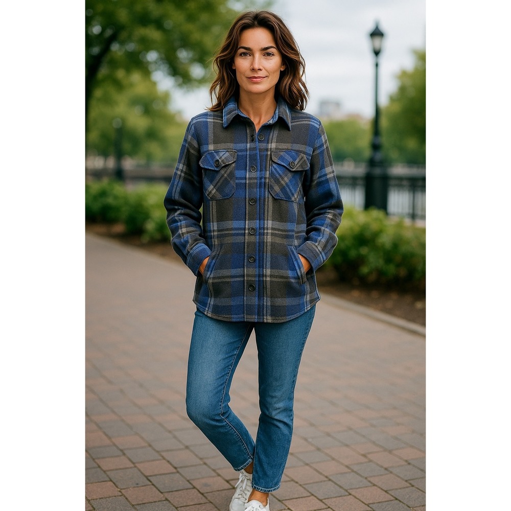 Zenana Women's 1X Blue Gray Plaid Flannel Shirt Jacket Shacket Oversized